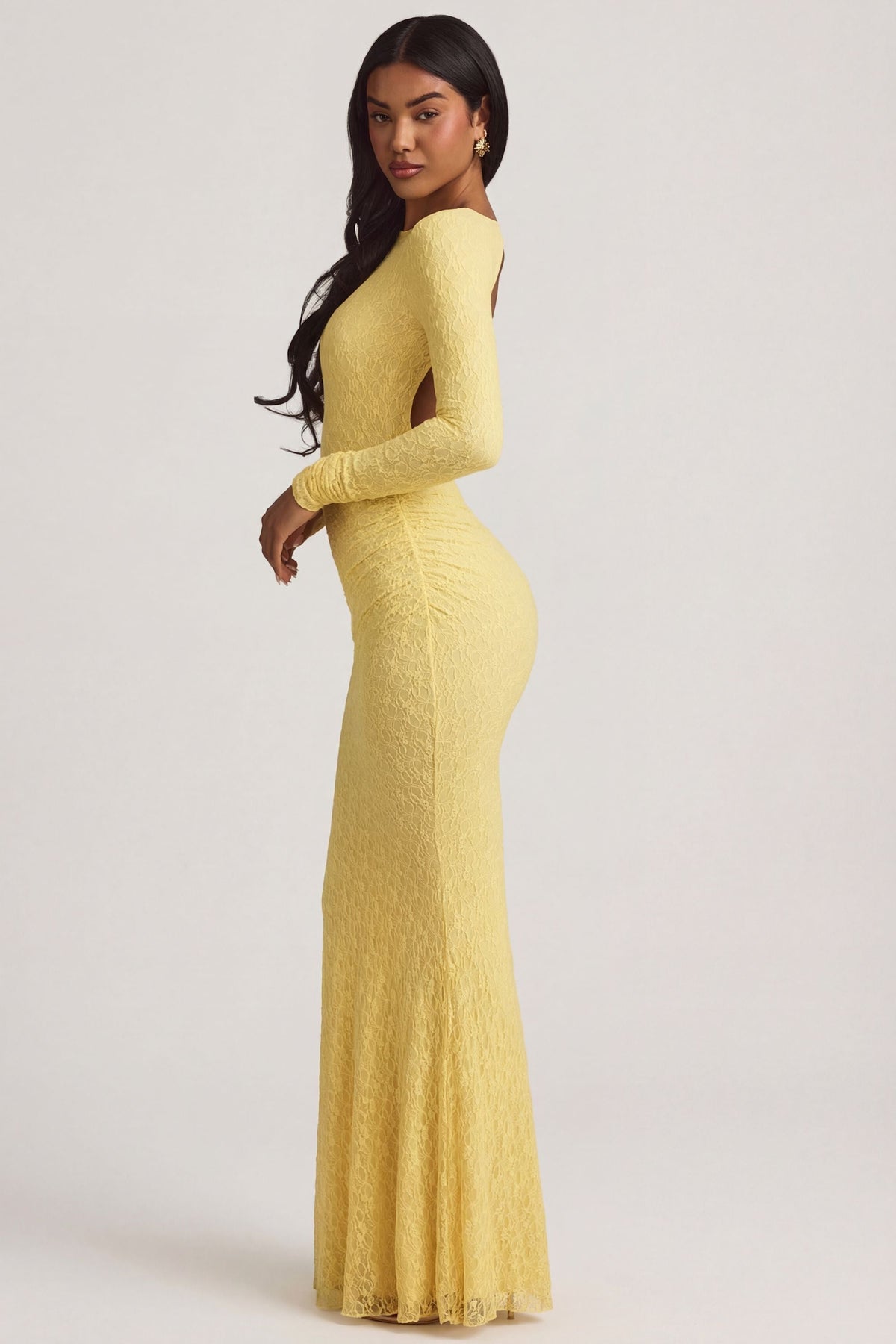 Chic Ruched Backless Lace Maxi Dress in Pastel Yellow