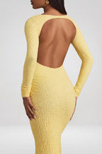 Chic Ruched Backless Lace Maxi Dress in Pastel Yellow