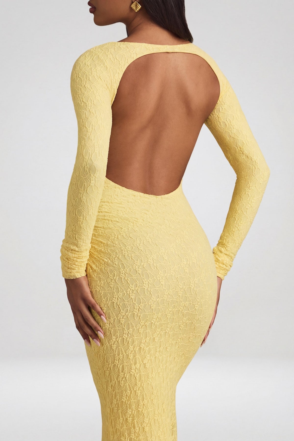 Chic Ruched Backless Lace Maxi Dress in Pastel Yellow