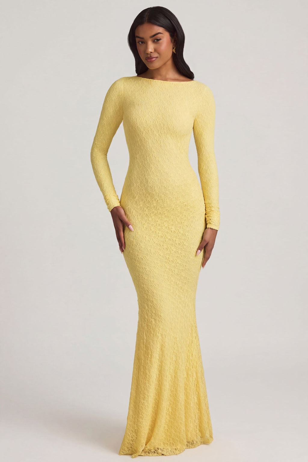 Chic Ruched Backless Lace Maxi Dress in Pastel Yellow
