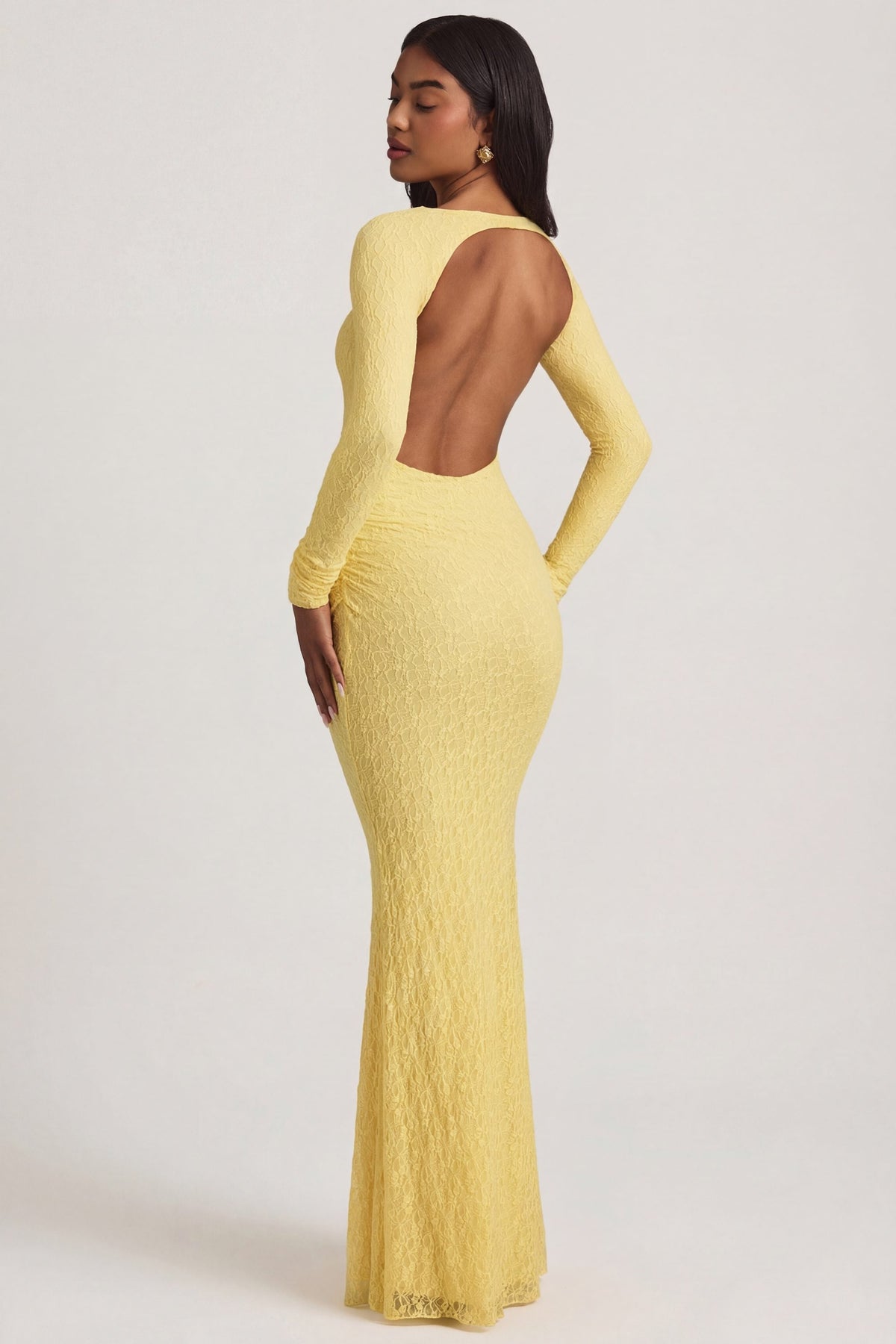Chic Ruched Backless Lace Maxi Dress in Pastel Yellow