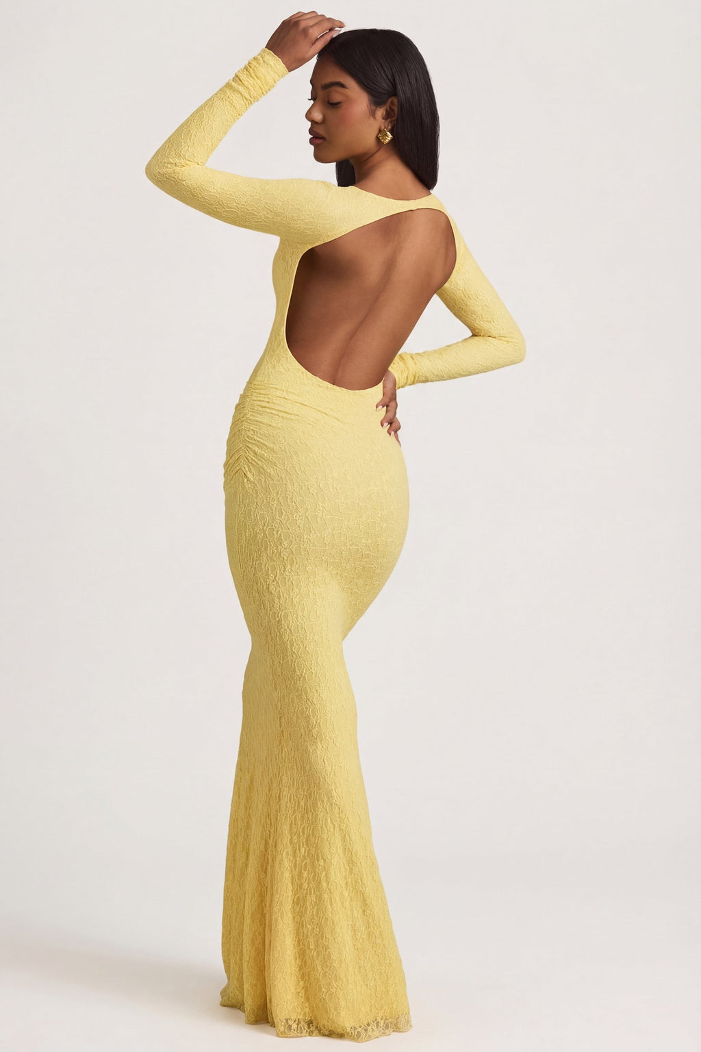 Chic Ruched Backless Lace Maxi Dress in Pastel Yellow