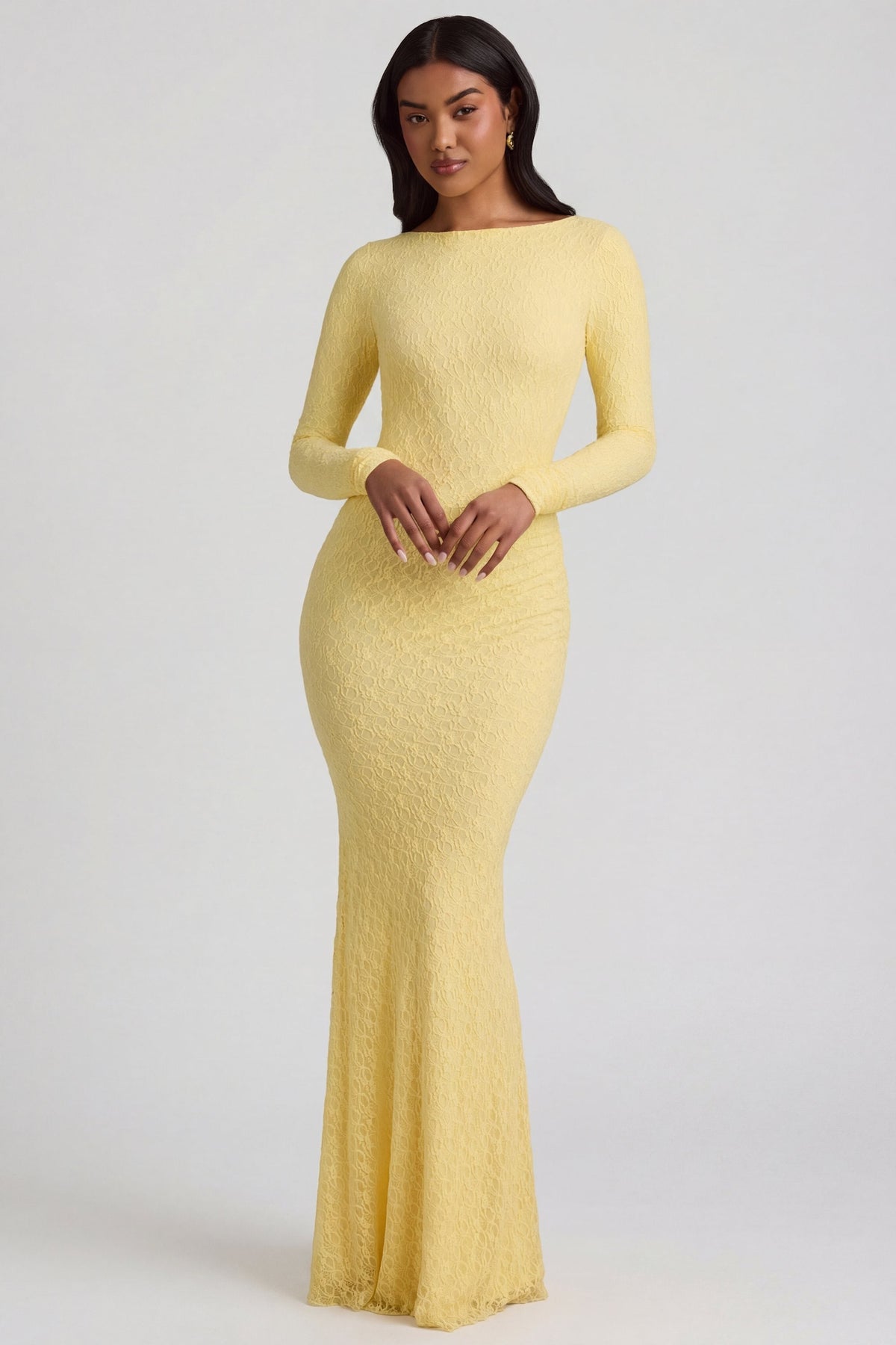 Chic Ruched Backless Lace Maxi Dress in Pastel Yellow