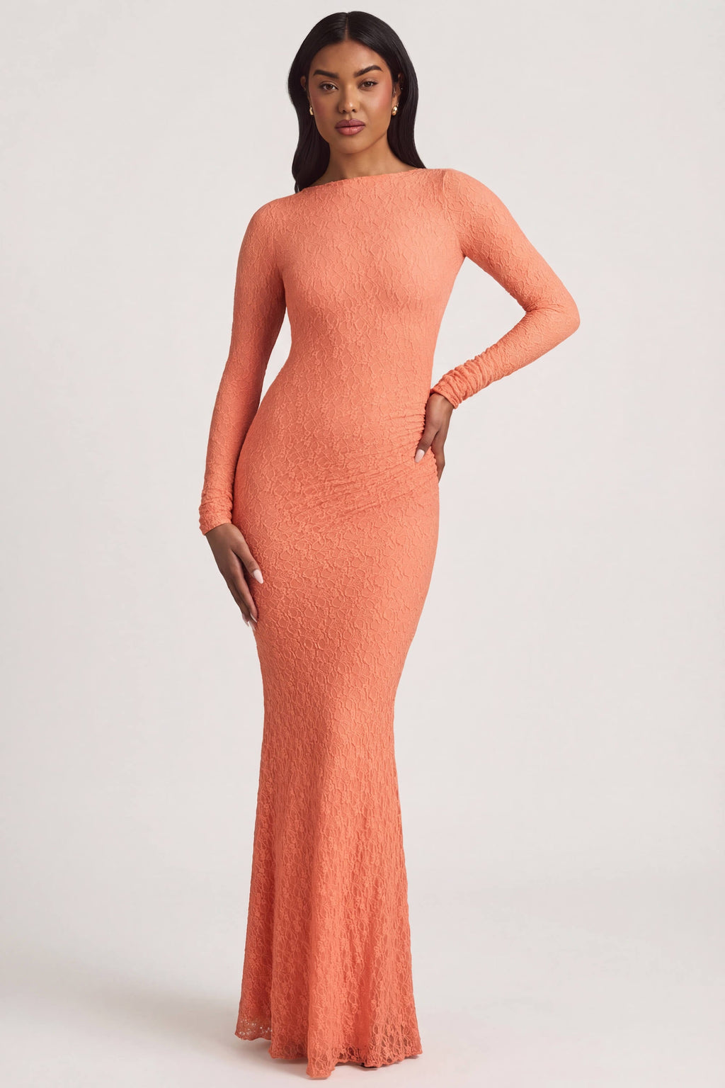 Chic Ruched Backless Lace Maxi Dress in Peach
