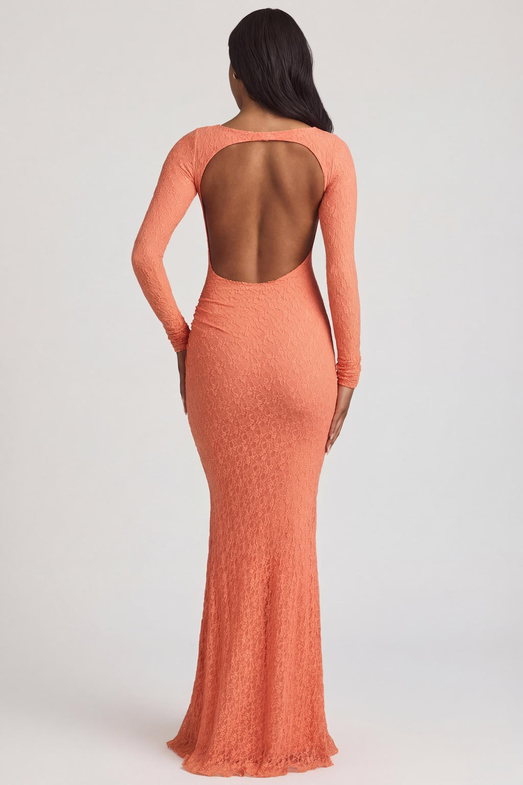 Chic Ruched Backless Lace Maxi Dress in Peach