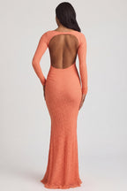 Chic Ruched Backless Lace Maxi Dress in Peach