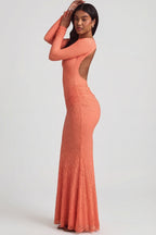 Chic Ruched Backless Lace Maxi Dress in Peach