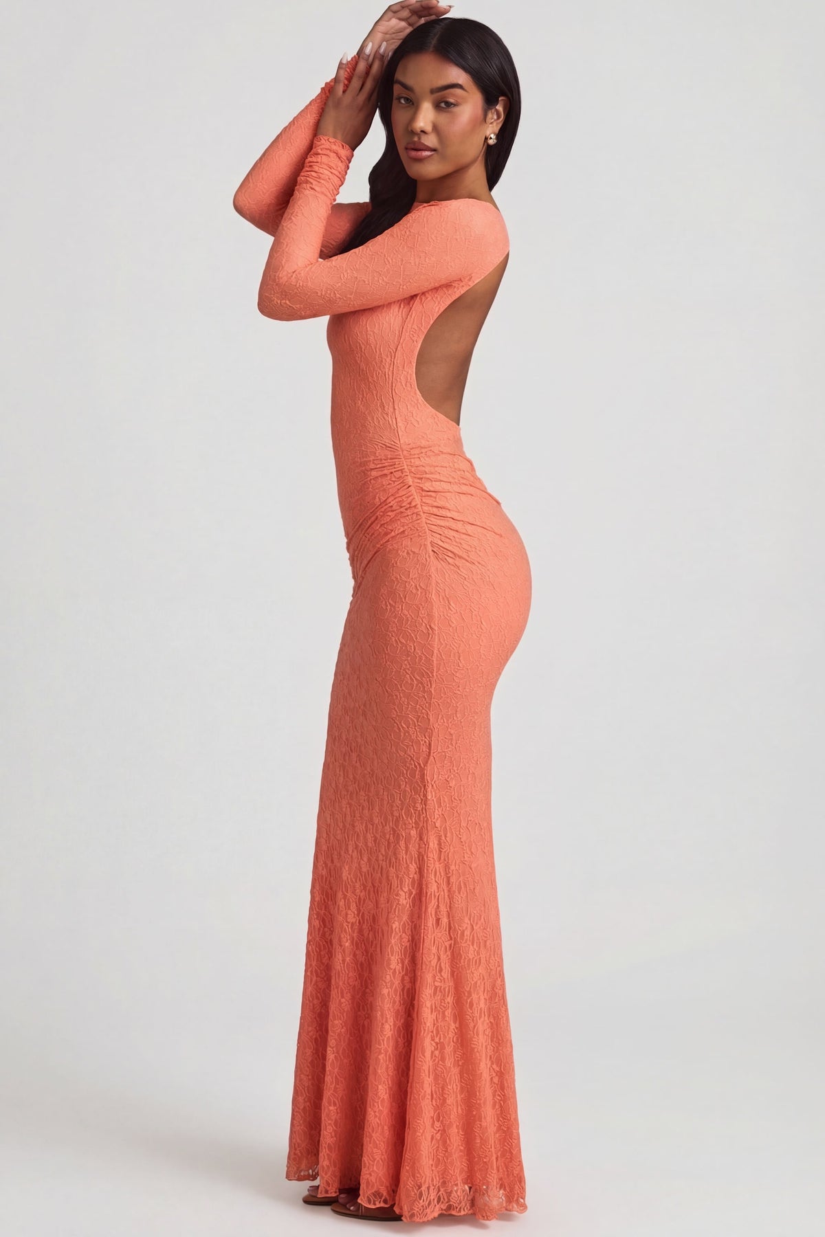Chic Ruched Backless Lace Maxi Dress in Peach