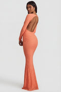 Chic Ruched Backless Lace Maxi Dress in Peach