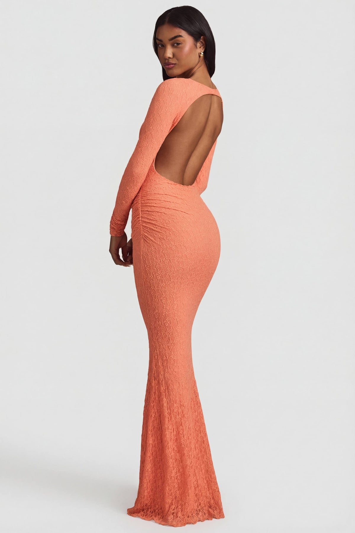 Chic Ruched Backless Lace Maxi Dress in Peach