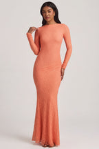 Chic Ruched Backless Lace Maxi Dress in Peach