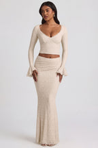 Chic Draped Low-Rise Lace Maxi Skirt in Ivory