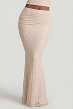 Chic Draped Low-Rise Lace Maxi Skirt in Ivory