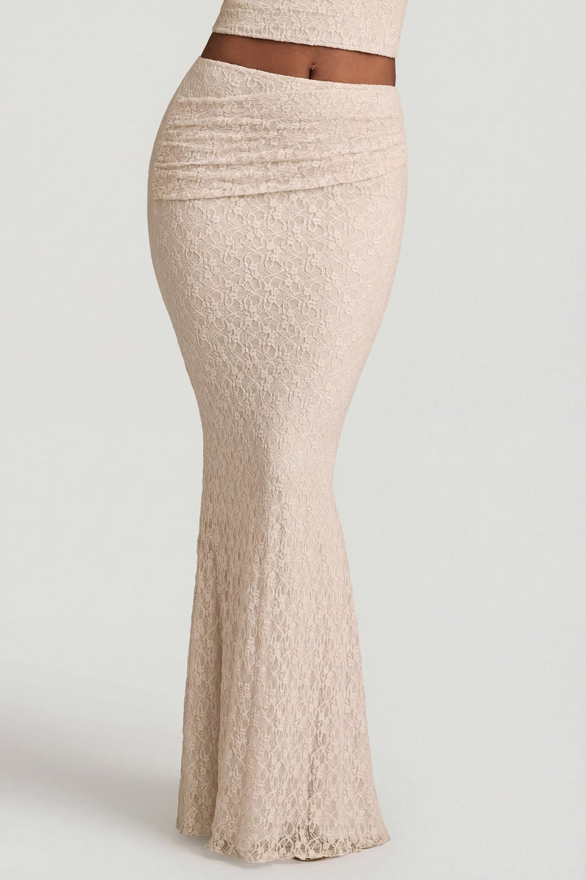 Chic Draped Low-Rise Lace Maxi Skirt in Ivory