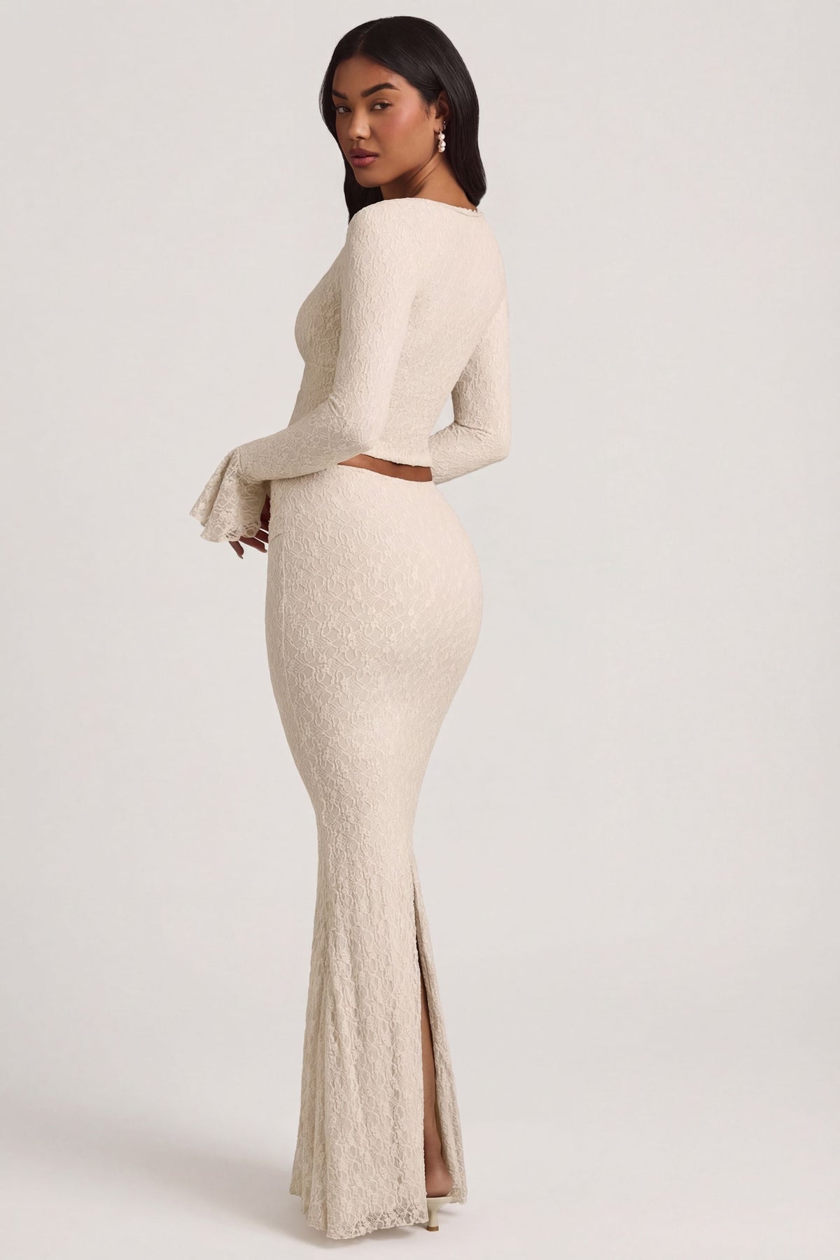 Chic Draped Low-Rise Lace Maxi Skirt in Ivory