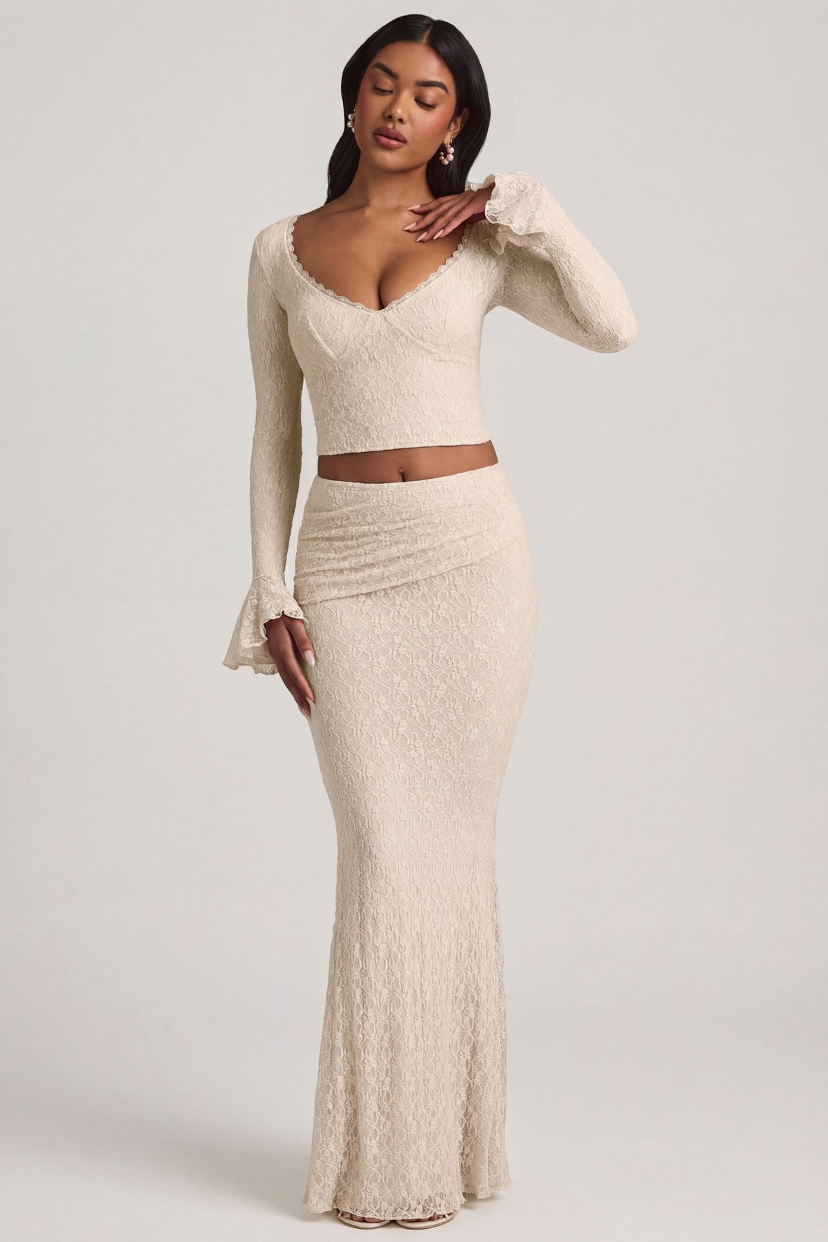 Chic Draped Low-Rise Lace Maxi Skirt in Ivory