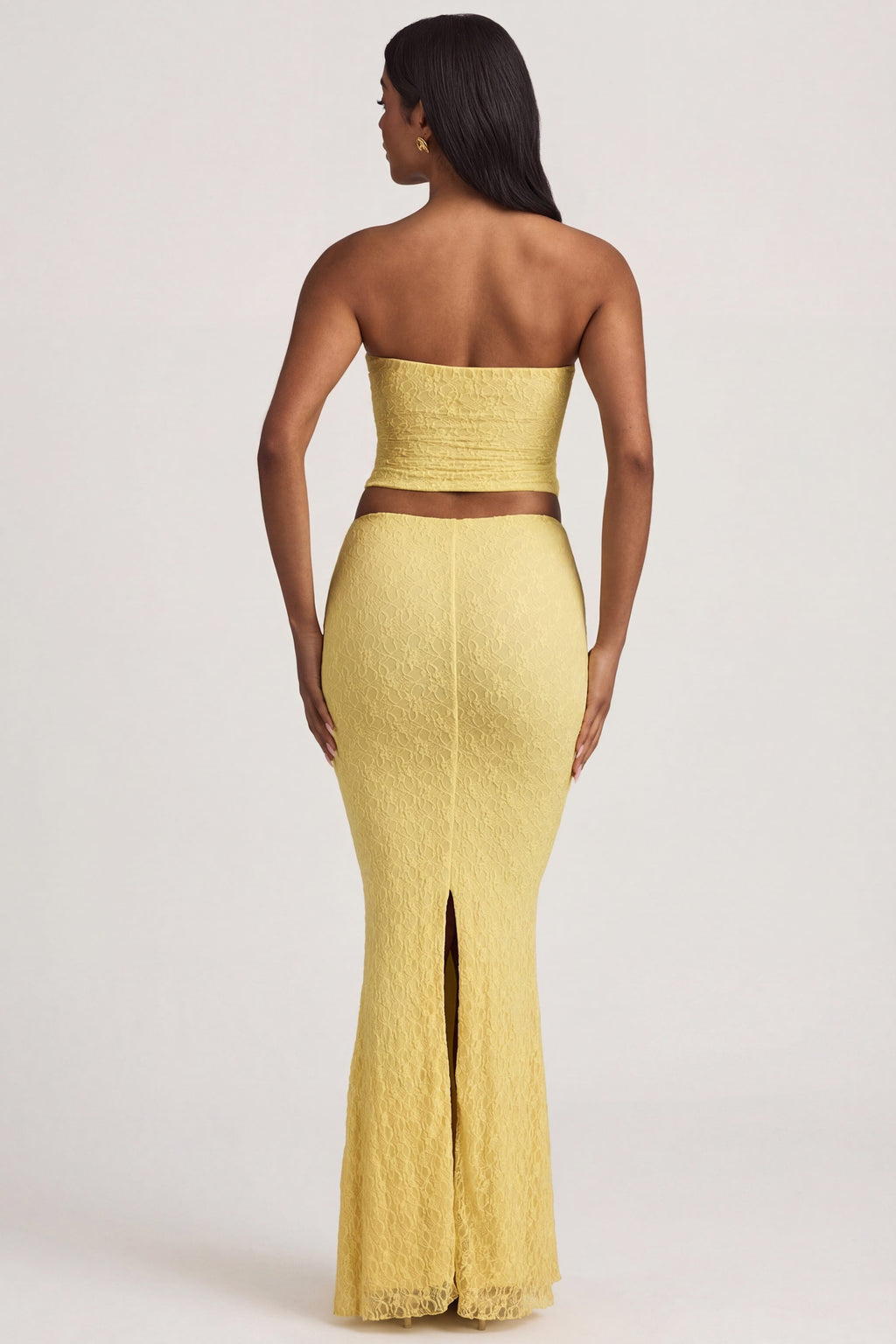 Chic Draped Low-Rise Lace Maxi Skirt in Pastel Yellow