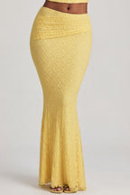 Chic Draped Low-Rise Lace Maxi Skirt in Pastel Yellow