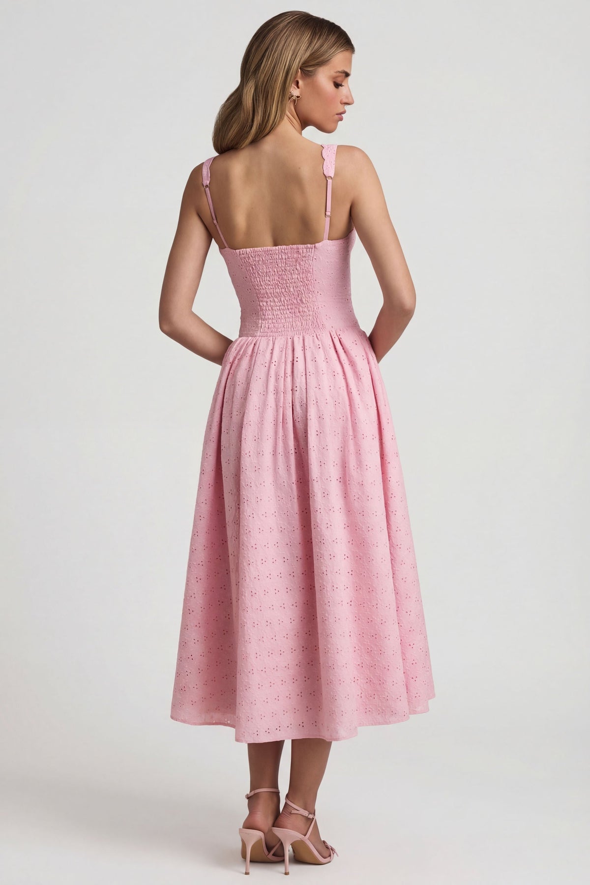 Chic Broderie Anglaise Bow-Detail A-Line Midaxi Dress in Soft Pink