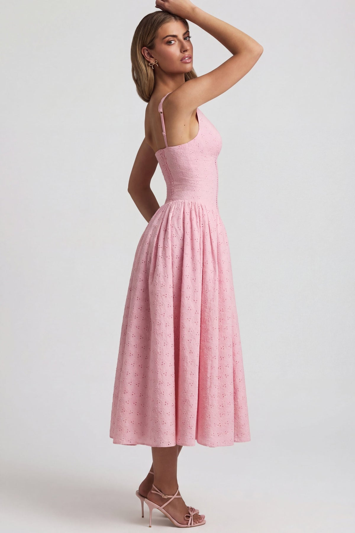 Chic Broderie Anglaise Bow-Detail A-Line Midaxi Dress in Soft Pink