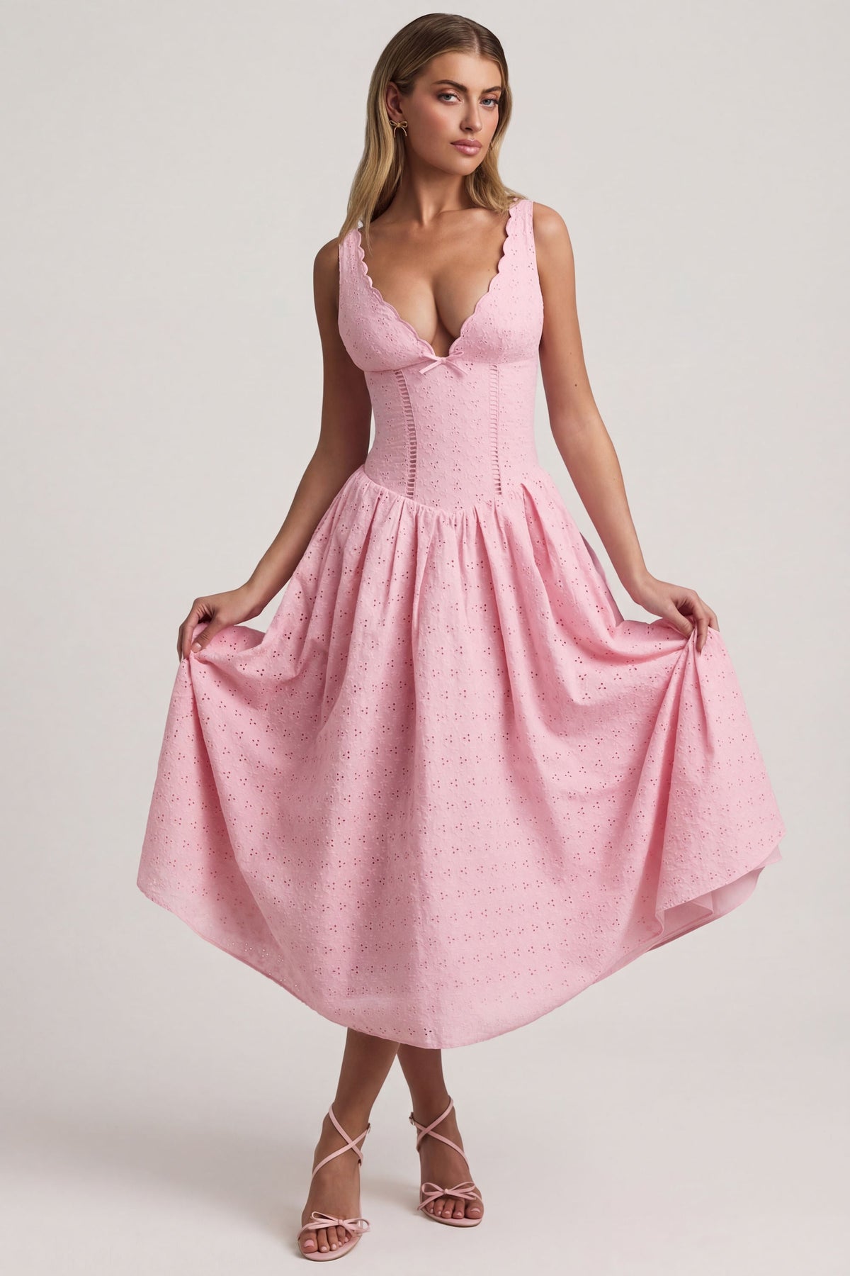 Chic Broderie Anglaise Bow-Detail A-Line Midaxi Dress in Soft Pink