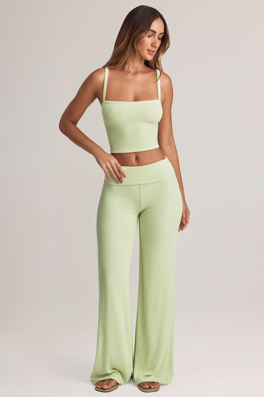 Chic Modal Foldover Wide-Leg Trousers in Sage Green