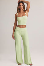 Chic Modal Foldover Wide-Leg Trousers in Sage Green