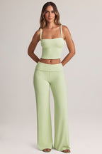 Chic Modal Foldover Wide-Leg Trousers in Sage Green