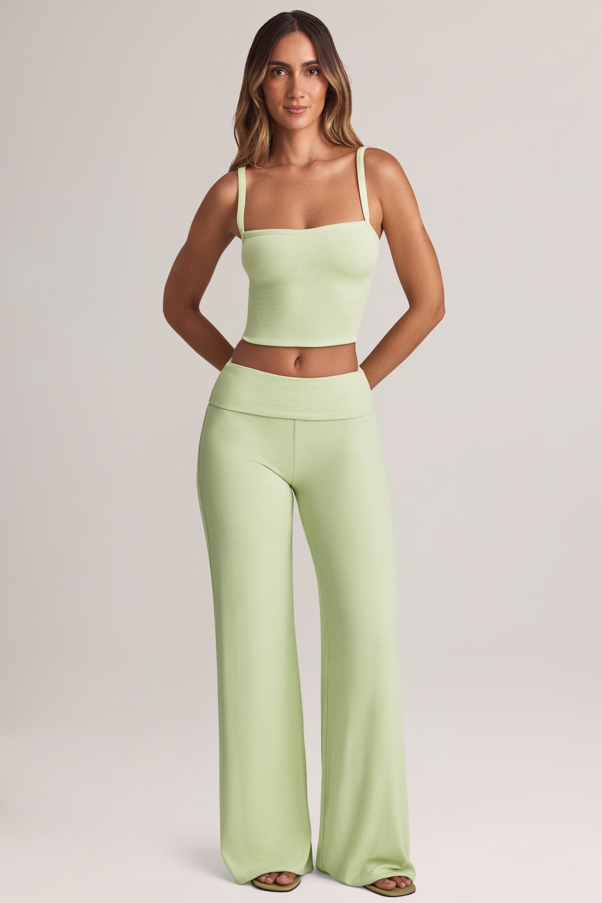 Chic Modal Foldover Wide-Leg Trousers in Sage Green