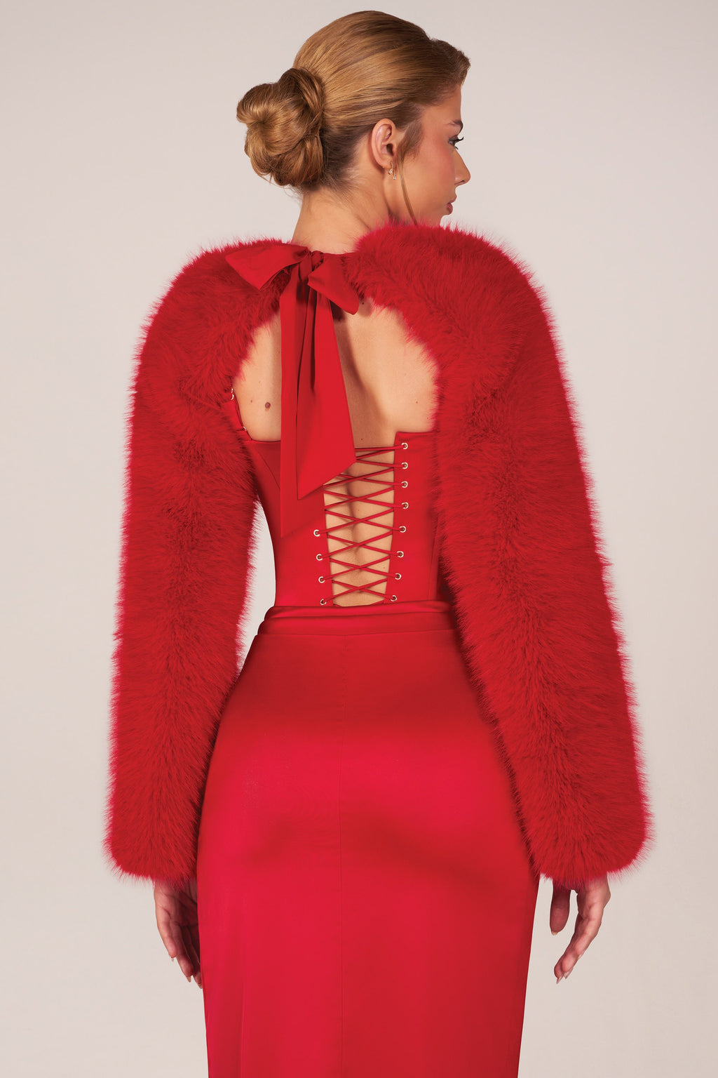 Chic Faux Fur Tie-Up Sleeves in Rose Red