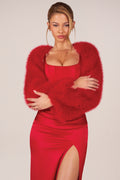 Chic Faux Fur Tie-Up Sleeves in Rose Red