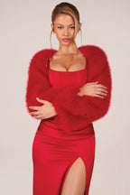 Chic Faux Fur Tie-Up Sleeves in Rose Red