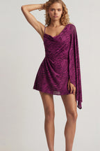 Chic Devoré One-Sleeve A-Line Mini Dress in Berry Purple