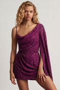 Chic Devoré One-Sleeve A-Line Mini Dress in Berry Purple