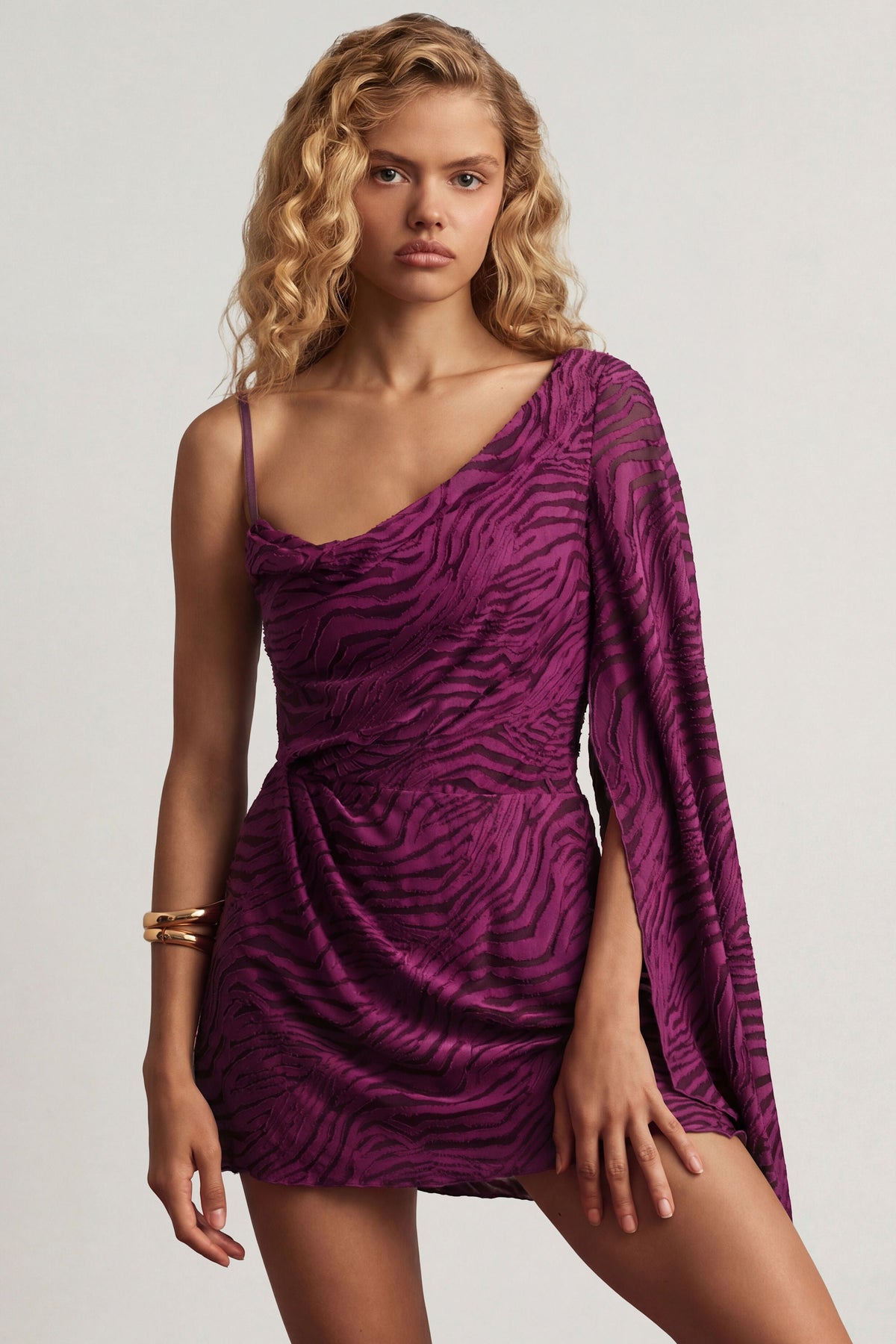 Chic Devoré One-Sleeve A-Line Mini Dress in Berry Purple
