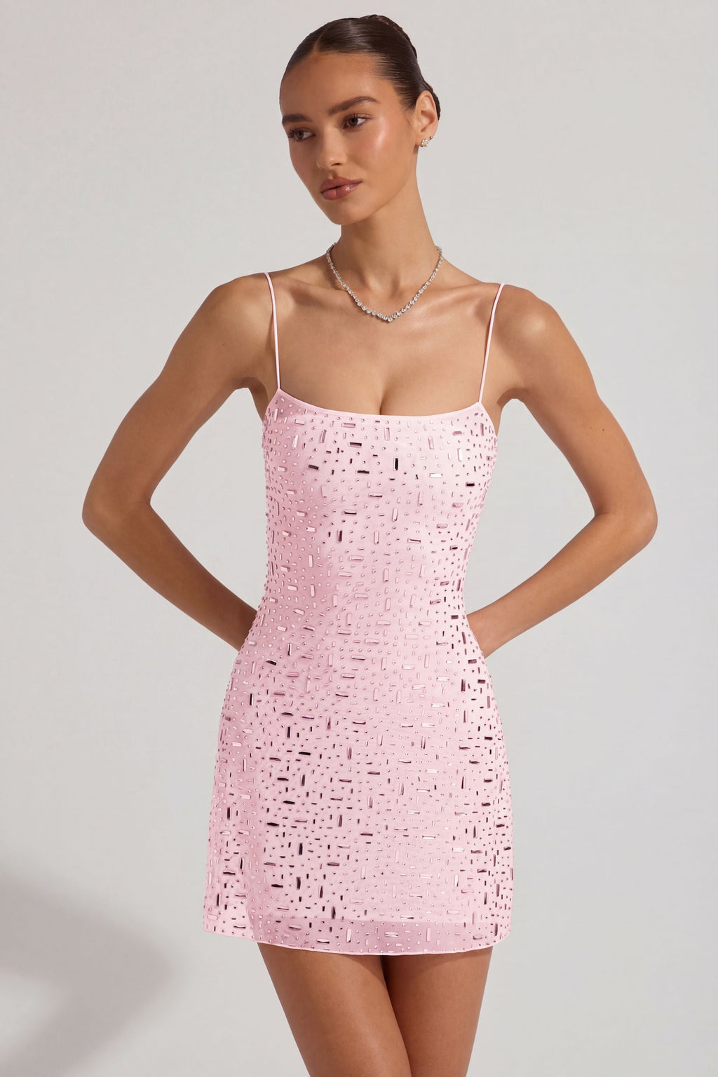 Chic Sheer Embellished Square-Neck Mini Dress in Pink