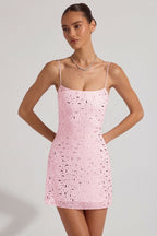 Chic Sheer Embellished Square-Neck Mini Dress in Pink