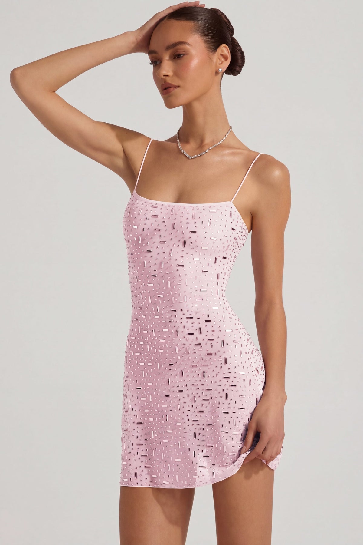 Chic Sheer Embellished Square-Neck Mini Dress in Pink