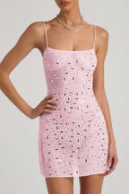 Chic Sheer Embellished Square-Neck Mini Dress in Pink