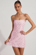 Chic Sheer Embellished Square-Neck Mini Dress in Pink