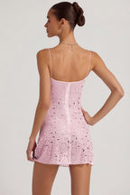 Chic Sheer Embellished Square-Neck Mini Dress in Pink