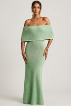 Chic Bouclé Off-Shoulder Maxi Dress in Mint