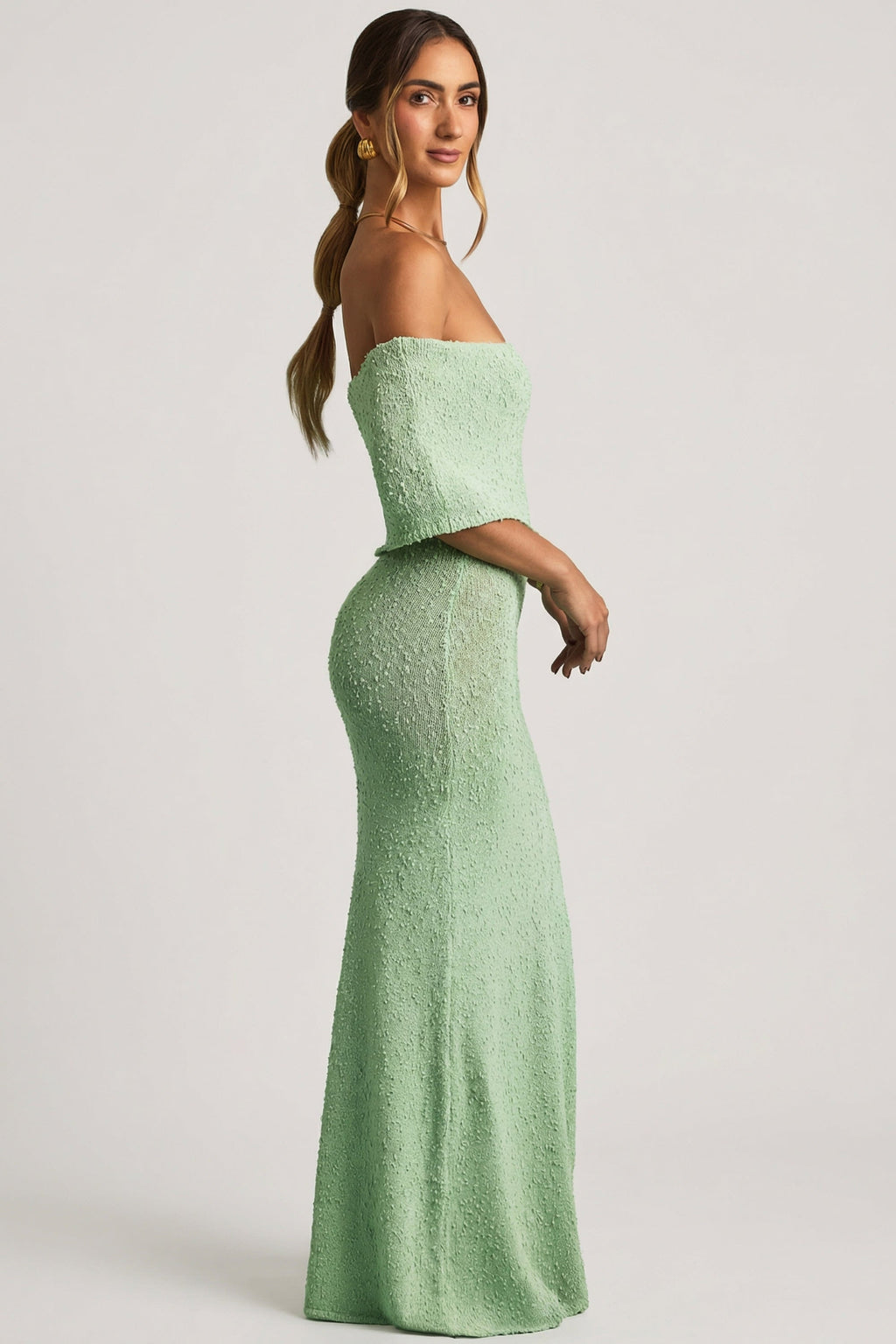 Chic Bouclé Off-Shoulder Maxi Dress in Mint