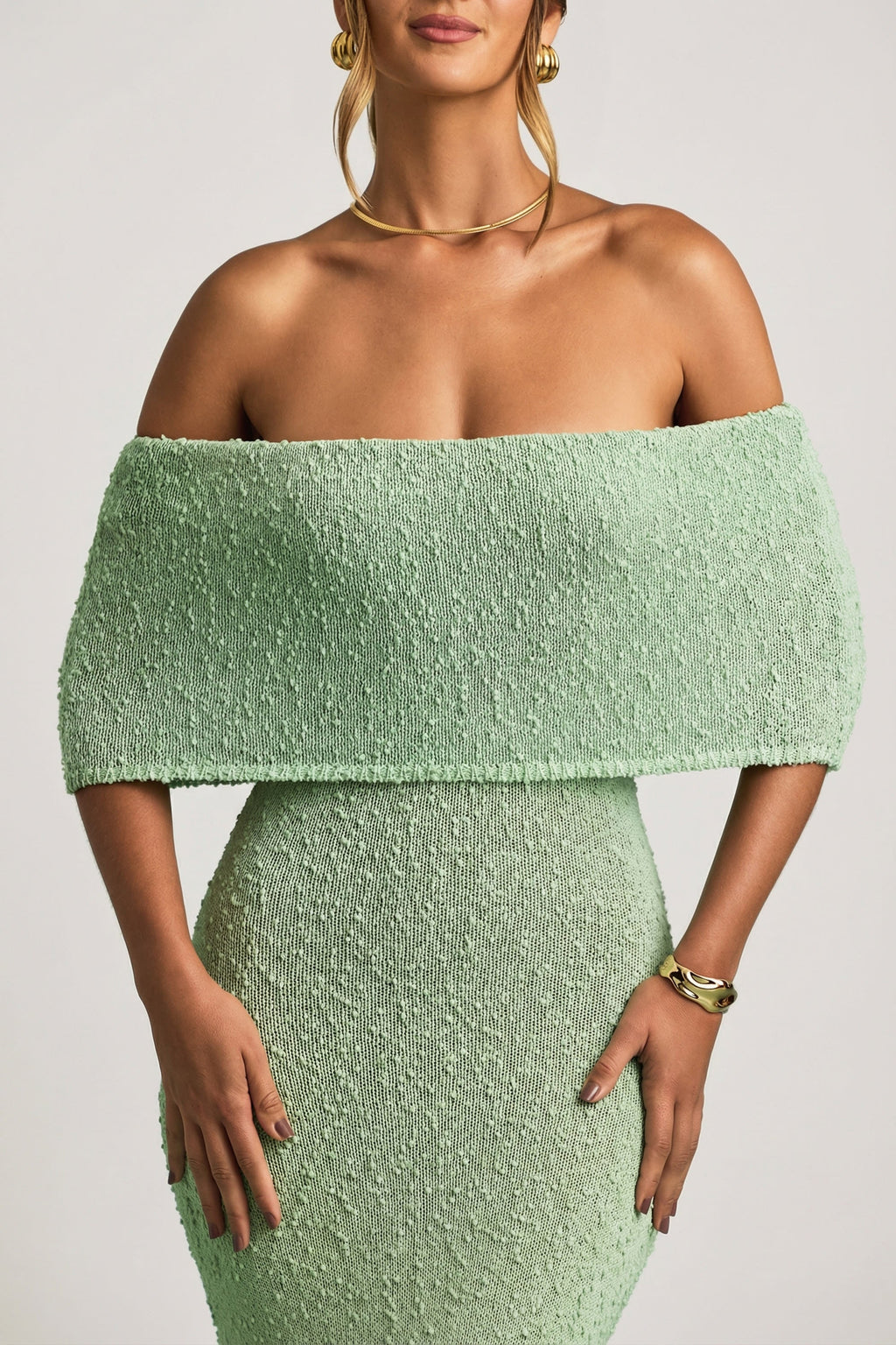 Chic Bouclé Off-Shoulder Maxi Dress in Mint