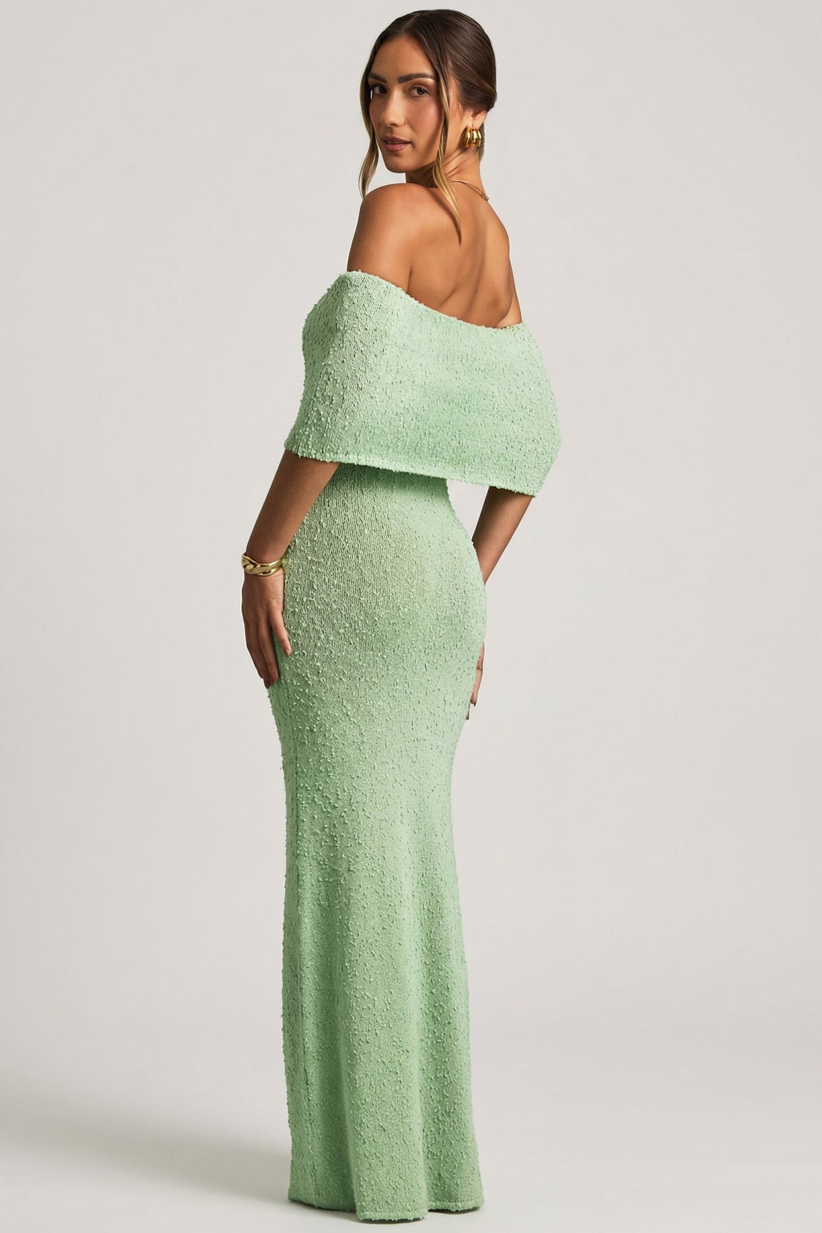 Chic Bouclé Off-Shoulder Maxi Dress in Mint