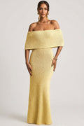 Chic Bouclé Off-Shoulder Maxi Dress in Yellow