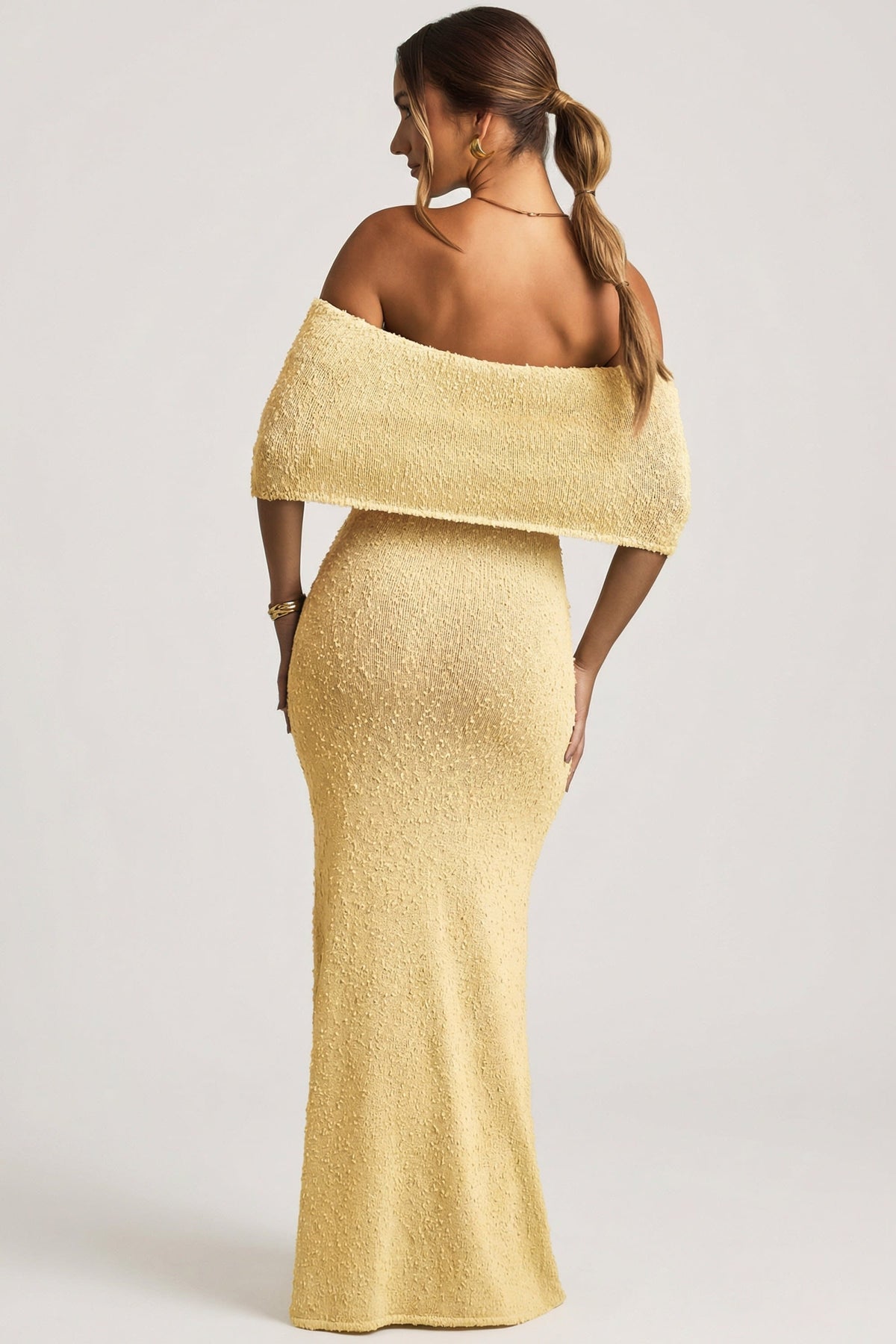 Chic Bouclé Off-Shoulder Maxi Dress in Yellow
