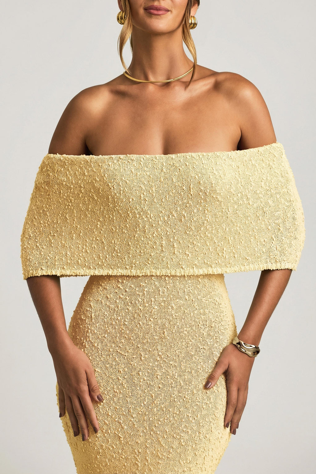 Chic Bouclé Off-Shoulder Maxi Dress in Yellow