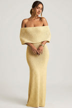 Chic Bouclé Off-Shoulder Maxi Dress in Yellow