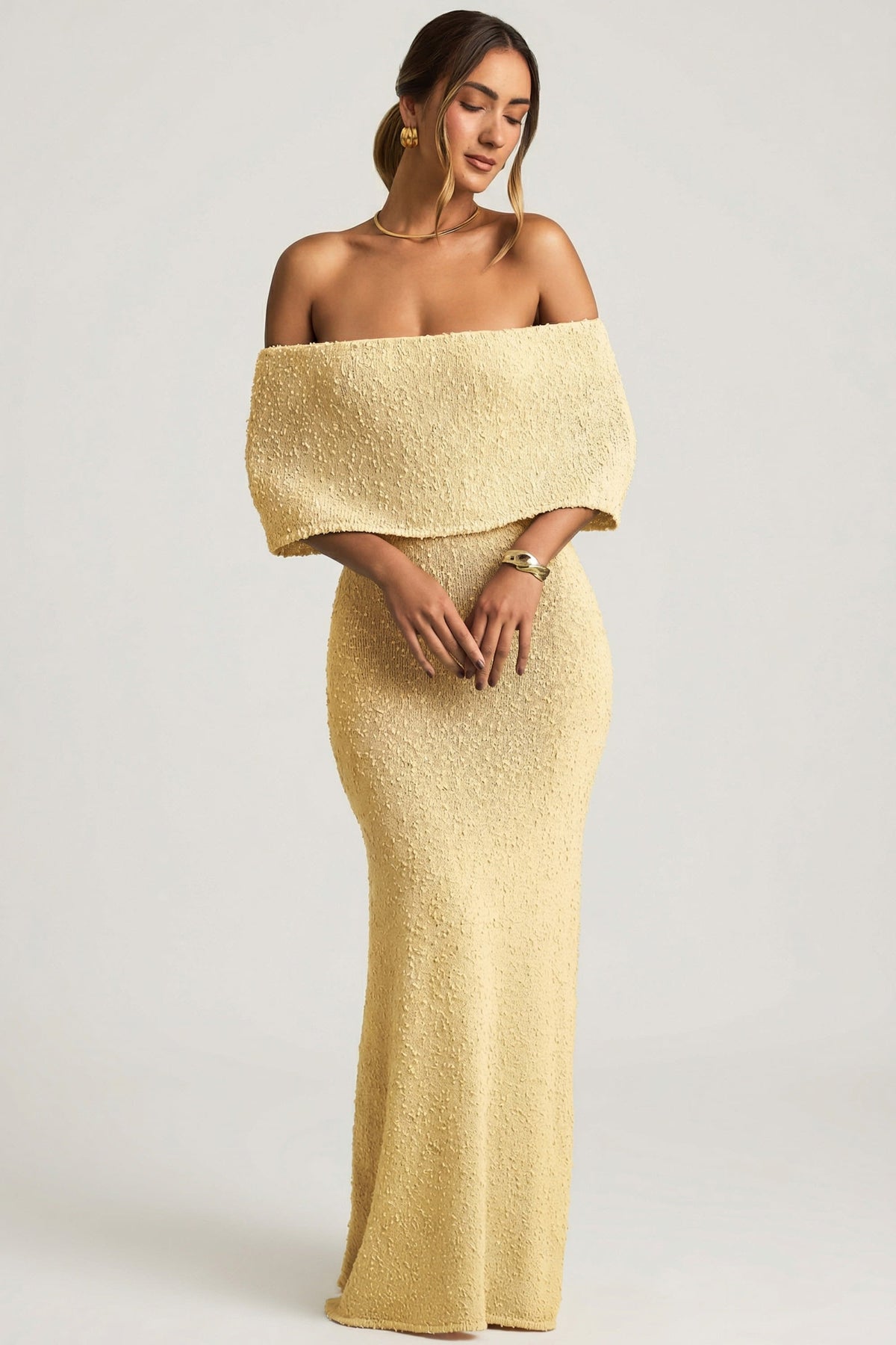 Chic Bouclé Off-Shoulder Maxi Dress in Yellow